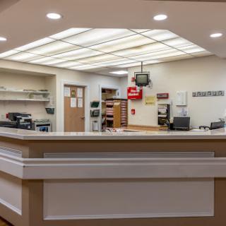 A view of the reception area in a medical facility.