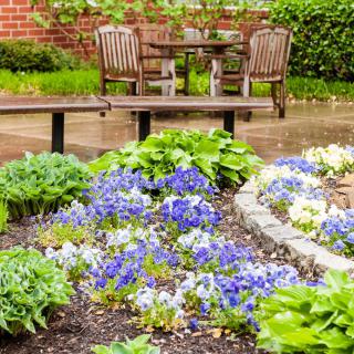 A charming garden scene featuring vibrant flowers and a seating area with wooden furniture.