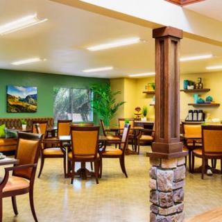 A brightly lit dining area with elegant furniture and colorful decor.