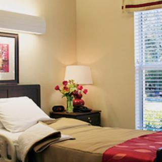 A cozy bedroom with a neatly made bed, bedside lamp, and flowers on the nightstand.