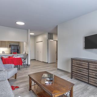 A modern open-concept living space with a cozy seating arrangement, television, and adjacent kitchen and dining area.