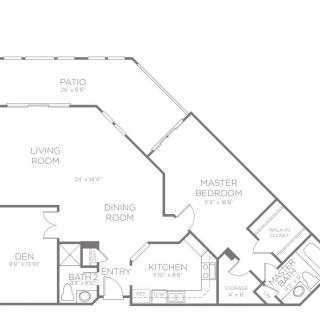 This image shows a detailed floor plan of an apartment, featuring a living room, dining room, kitchen, master bedroom, and bathroom.