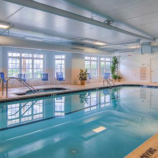 A well-lit indoor swimming pool room with chairs and plants along the windows.