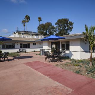 A sunny day at a house with a patio and blue umbrellas, surrounded by palm trees.