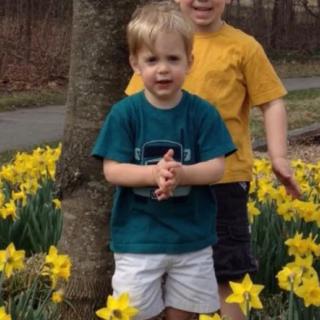 Two children standing among blooming daffodils on a spring day.
