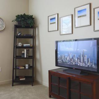 A cozy living room featuring a television, wall art, and a shelving unit.
