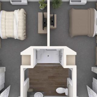 A top-down view of a two-bedroom apartment layout featuring a shared bathroom and living space.