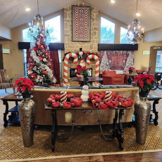 A beautifully decorated living room showcasing festive Christmas decorations, complete with a tree, poinsettias, and holiday ornaments.