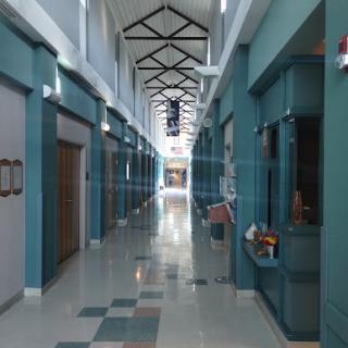 A spacious and well-lit hallway featuring modern architecture with blue walls.