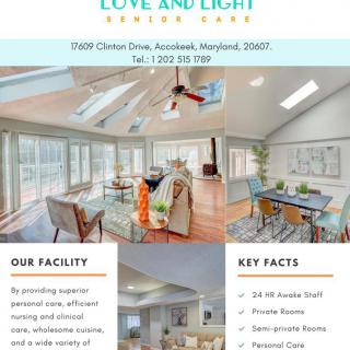 Brochure for Love and Light Senior Care facility in Maryland, highlighting features like 24-hour nursing staff, private rooms, and personalized care.