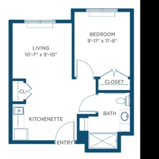 A floor plan of a small apartment with a living room, kitchenette, bedroom, bathroom, and closet.