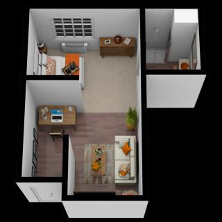 A 3D rendered floor plan of a compact apartment with designated areas for sleeping, working, and living.