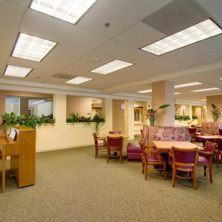 A spacious lounge area with comfortable seating and tables, decorated with plants and well-lit by overhead lights.