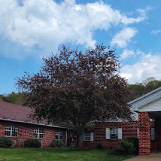 A cozy building surrounded by greenery and a beautiful sky.