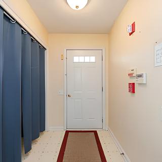 A hallway entrance with a door, blue curtains, and a rug on the floor.