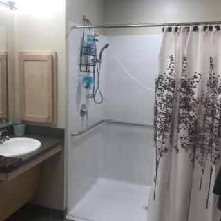A clean bathroom with a walk-in shower and a decorative curtain.