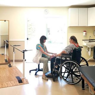 A healthcare professional assists a patient in a wheelchair during a rehabilitation session.