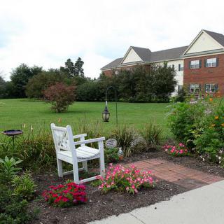 A peaceful garden scene with a bench surrounded by flowers and a building in the background.
