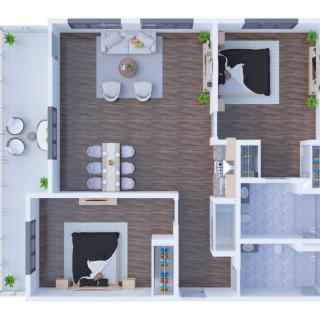 A modern apartment floor plan showcasing a spacious layout with two bedrooms, a living room, dining area, kitchen, bathroom, and balcony.