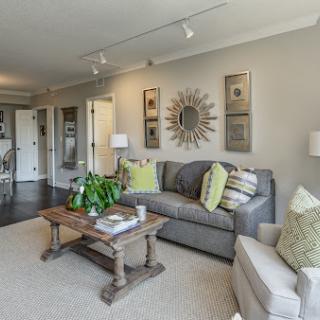 A cozy and modern living room featuring a comfortable sofa, stylish coffee table, and vibrant green accents.