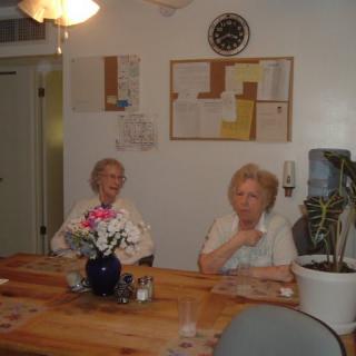 Two elderly people sitting at a dining table in a kitchen, with flowers and a potted plant.