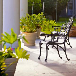 A serene outdoor space featuring a decorative bench surrounded by lush plants.