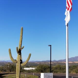 A saguaro cactus stands tall alongside a flag against a clear blue sky in a desert landscape.