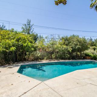 A tranquil backyard featuring a swimming pool surrounded by lush greenery on a clear, sunny day.