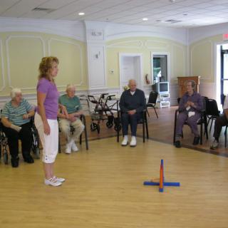 A group of elderly people participating in a group exercise activity at a community center.