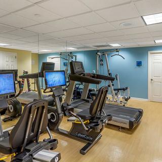 A well-equipped indoor gym with treadmills and stationary bikes.