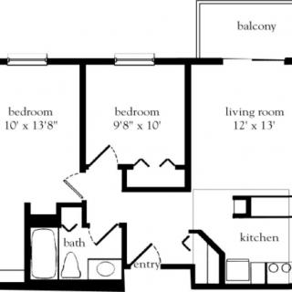 A floor plan of a two-bedroom apartment with a living room, kitchen, bathroom, and balcony.