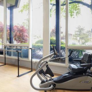 A modern gym with cardio exercise equipment and large windows.