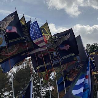 A collection of flags waving in the breeze under a cloudy sky.