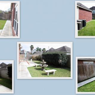 Collage of a backyard with green lawn, fences, and outdoor seating area.