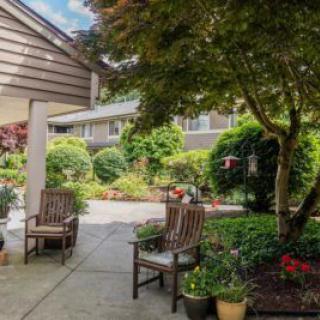 A peaceful garden patio with wooden chairs surrounded by lush greenery and potted plants.