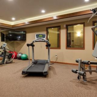 A well-equipped home gym featuring a treadmill, exercise bike, and weight training equipment.