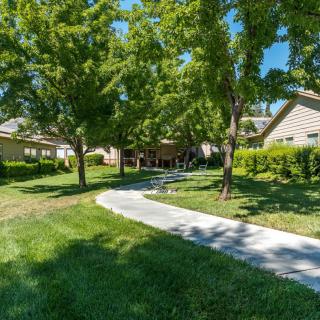 A serene pathway leading through a garden with lush trees and residential houses.