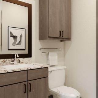 A modern bathroom with a sink, toilet, and wooden cabinetry.