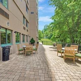 A serene outdoor patio with seating alongside a building, surrounded by lush greenery.