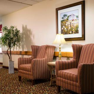 A cozy seating area featuring striped armchairs, a lamp, and decorative artwork.