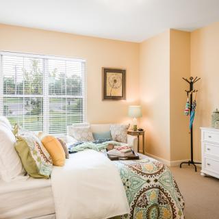 A cozy bedroom with stylish decor and soft lighting.