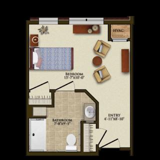 A compact floor plan featuring a single bedroom, a living area with seating, and a bathroom.