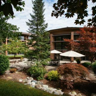 A serene garden with a modern building in the background, surrounded by lush greenery and shaded by large umbrellas.