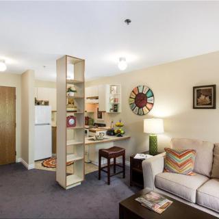 A cozy apartment living room featuring a small kitchen area, a comfortable sofa, and a decorative shelf.