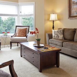 A cozy living room with a sofa, coffee table, and elegant decor.