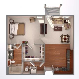 A detailed floor plan of a one-bedroom apartment, featuring a living room, kitchen, and bathroom.
