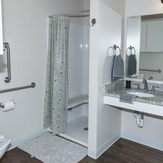 An accessible bathroom with a shower, grab bars, and a sink.