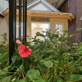 A cozy wooden building surrounded by lush greenery and vibrant flowers.