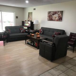 A cozy living room with dark sofas, a coffee table, and decorative artwork on the wall.