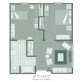 This image displays a floor plan of an apartment, featuring a living room, kitchen, bathroom, and bedroom.